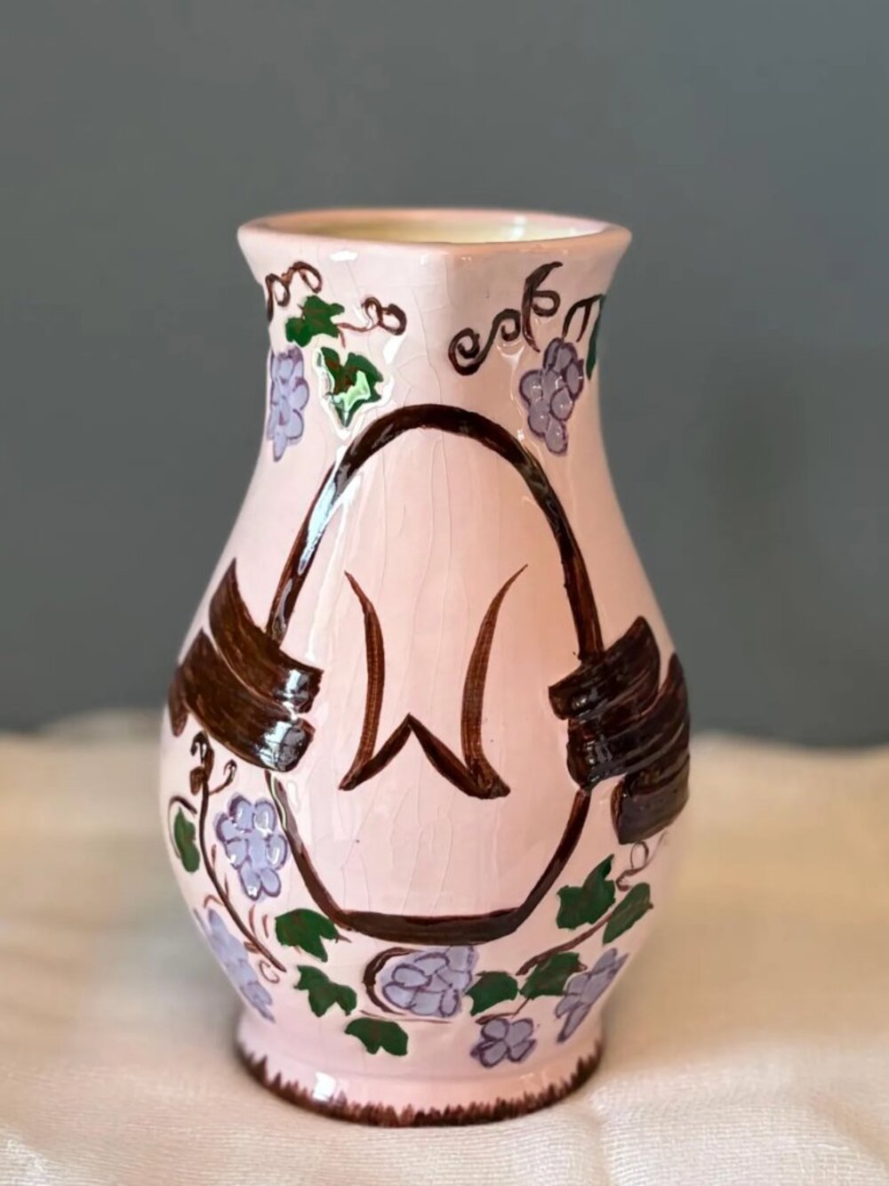 Vintage Italian Style Pink Ceramic Pitcher - Hand Painted Majolica Style Vase